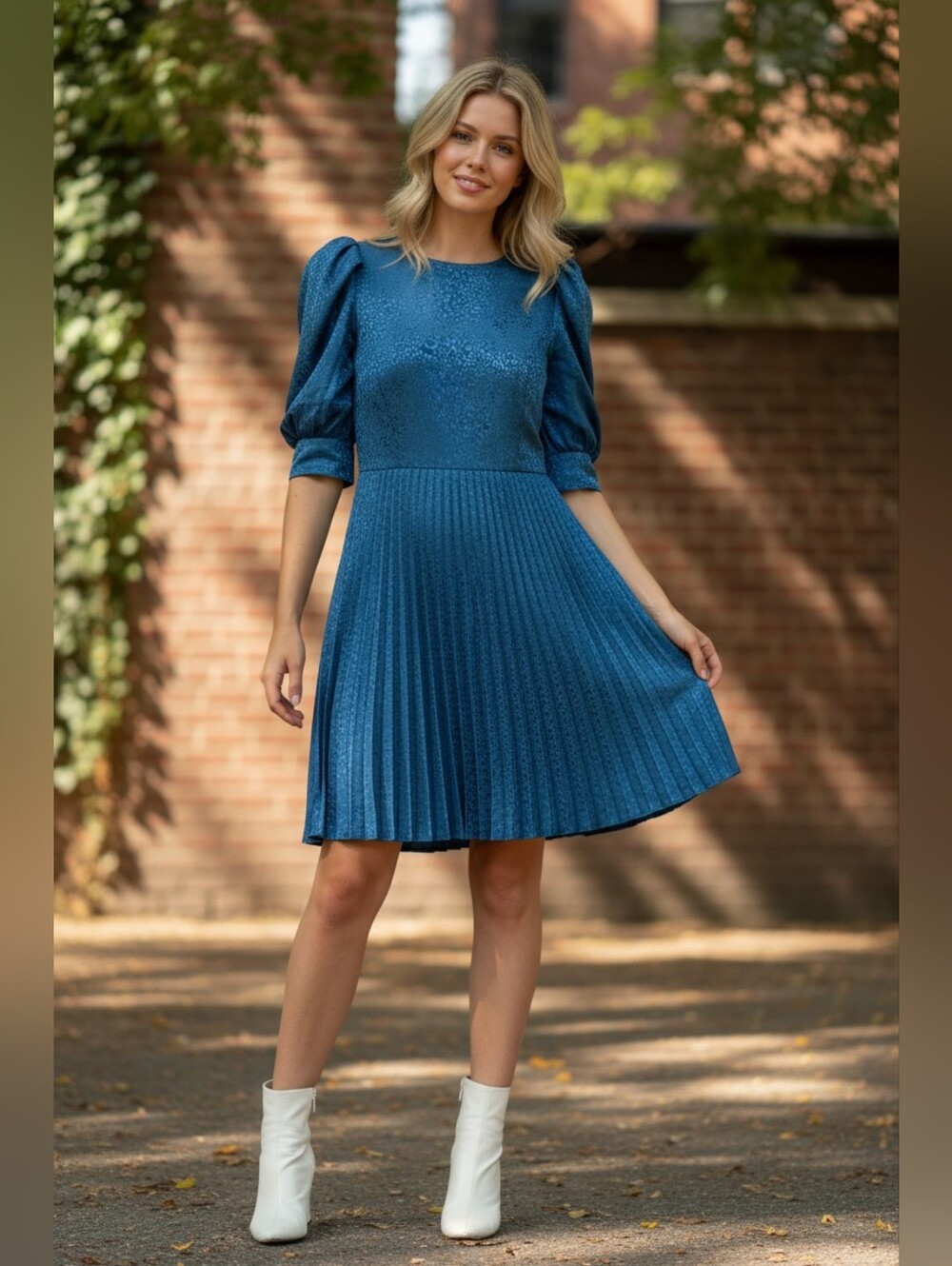 Closet Azure Satin Pleated Puff-Sleeve Dress